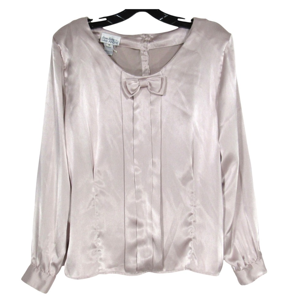 VTG SAN ANDRE Silky SATIN Bow PLEATED FRONT Pink BUTTON BACK Blouse/Top Sz 14
